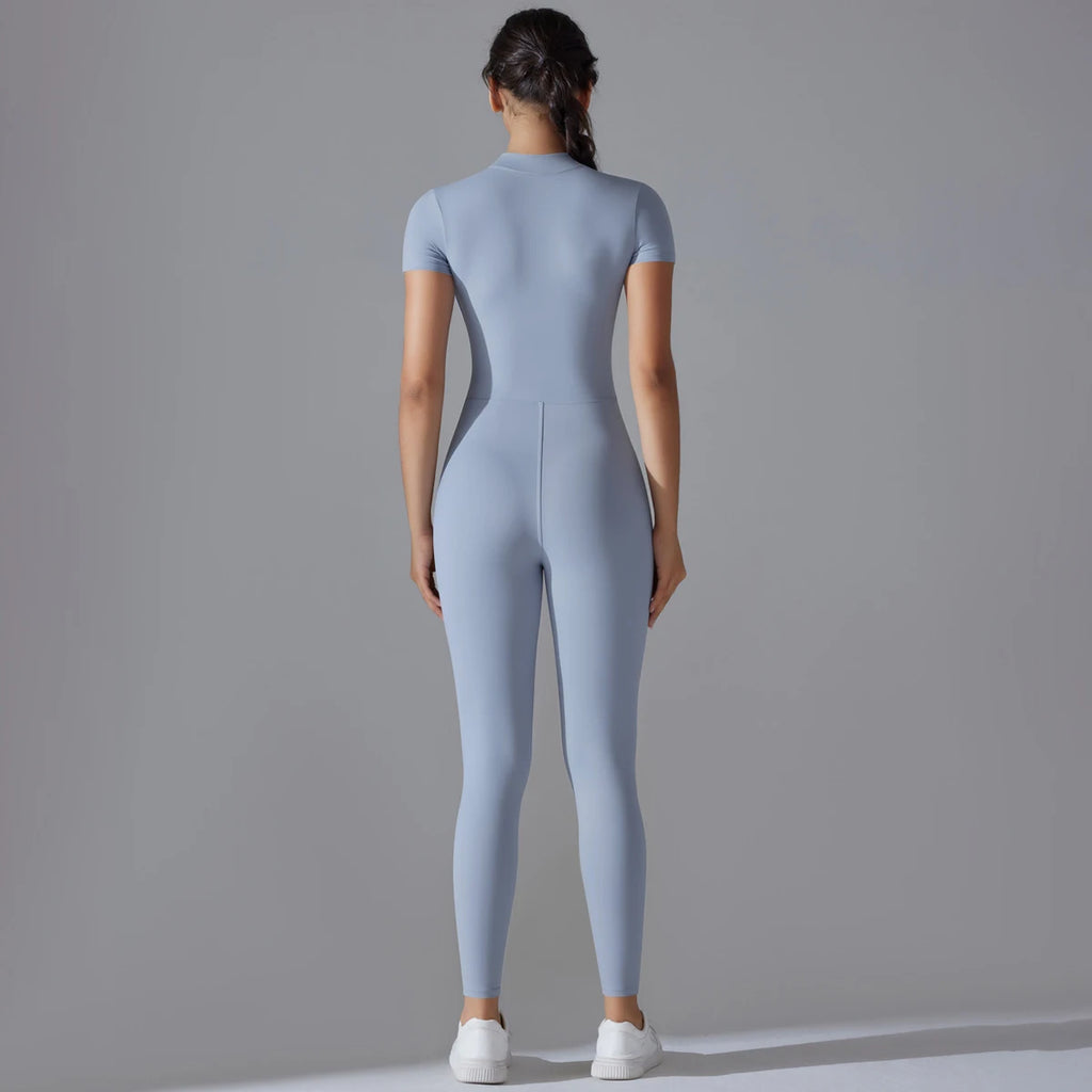 Naked zipper short sleeved yoga suit jumpsuit, quick drying breathable outdoor sports tight fitting jumpsuit, fitness suit