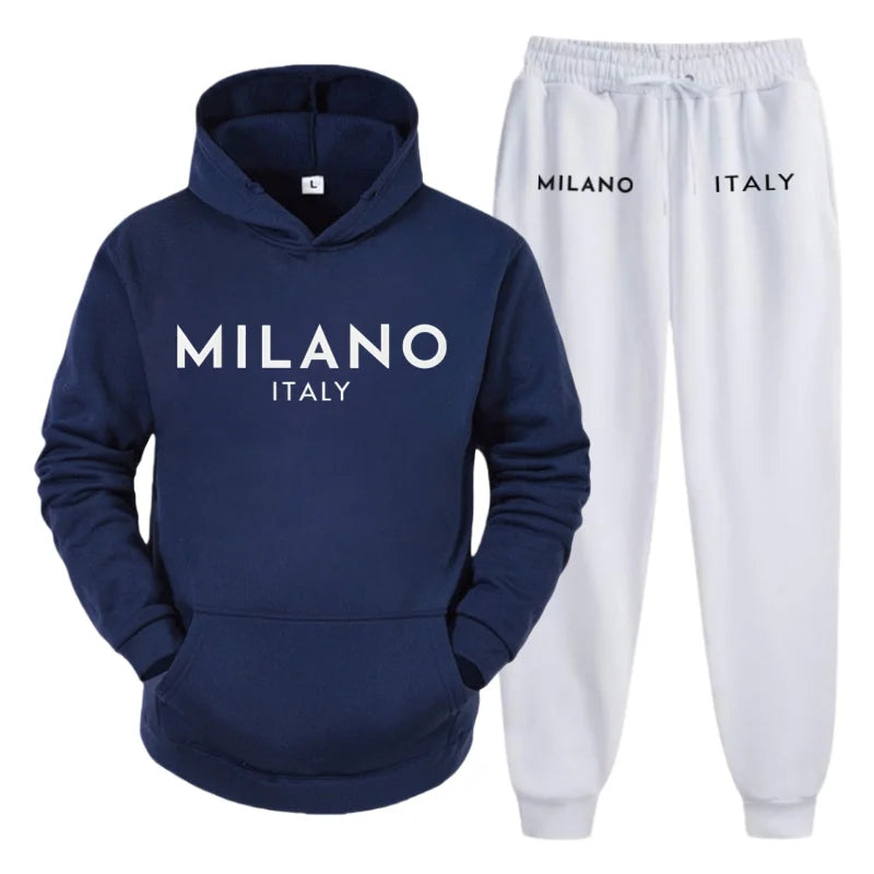 Men's 2025 Y2K Harajuku Streetwear Set – Fleece Hoodie & Slacks with Milano Italy Print, Trendy Casual Two-Piece Suit