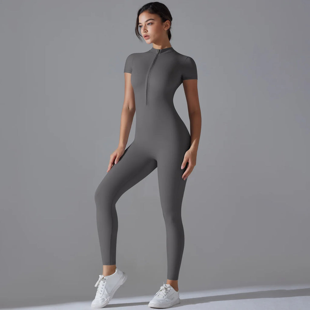 Naked zipper short sleeved yoga suit jumpsuit, quick drying breathable outdoor sports tight fitting jumpsuit, fitness suit