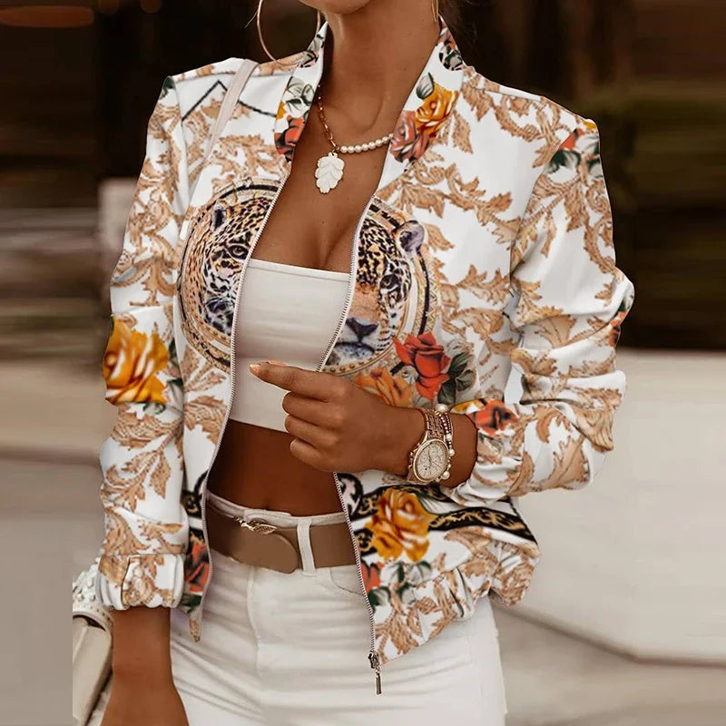 Flower Print Long Sleeve Women's Bomber Jacket