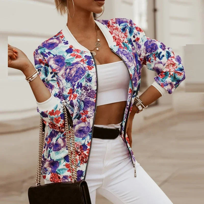 Flower Print Long Sleeve Women's Bomber Jacket