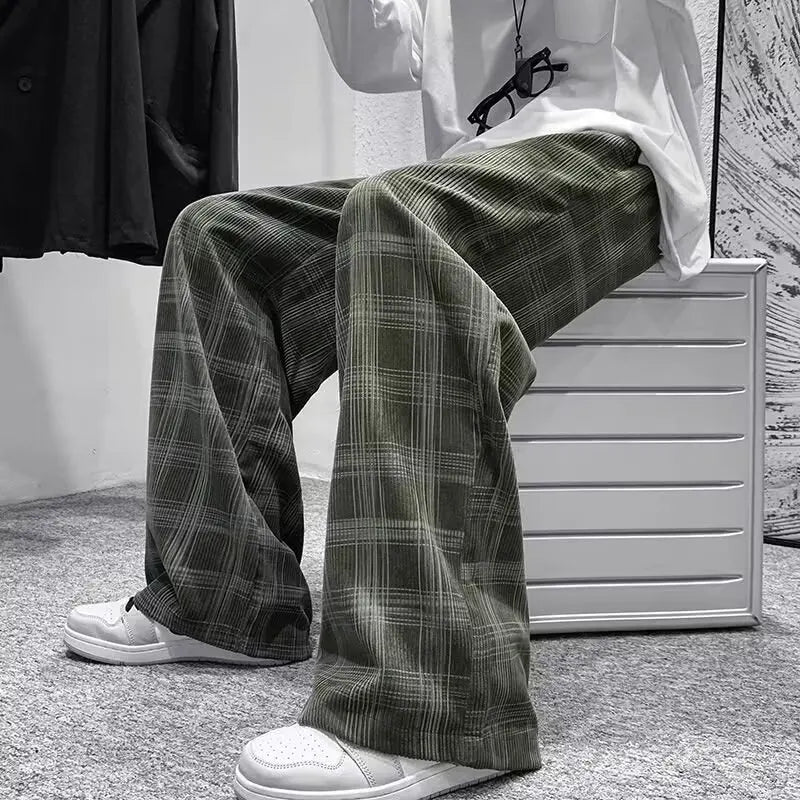 Checkered pants men's spring and autumn plus fat plus plus size trendy loose Korean version versatile wide leg casual pants spor