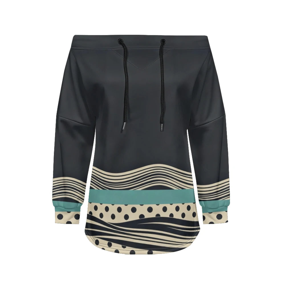 Trendy Off-Shoulder Sweatshirts with Striped & Polka Dot Patterns Drawstring Casual Loose-Fit Top for Women Casual Streetwear