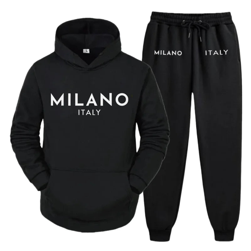 Men's 2025 Y2K Harajuku Streetwear Set – Fleece Hoodie & Slacks with Milano Italy Print, Trendy Casual Two-Piece Suit