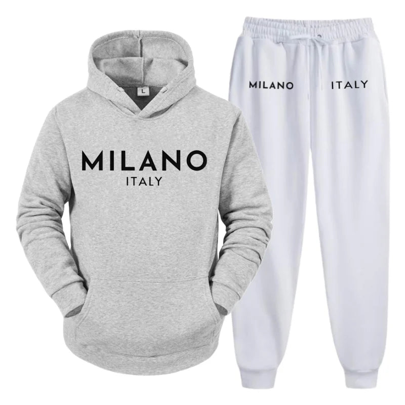 Men's 2025 Y2K Harajuku Streetwear Set – Fleece Hoodie & Slacks with Milano Italy Print, Trendy Casual Two-Piece Suit