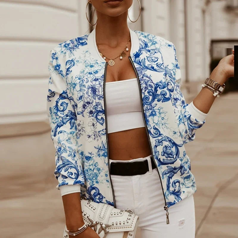 Flower Print Long Sleeve Women's Bomber Jacket