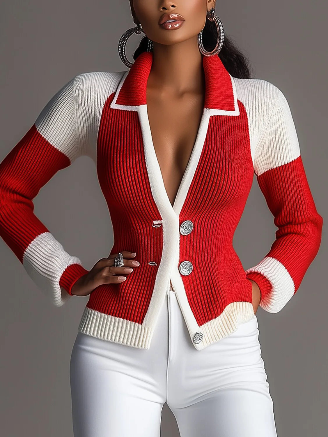 Autumn Lapel Collar Long Sleeve Fashion Sweater Women Color Block Casual Single Breasted Cardigan Elegant All-match Tops