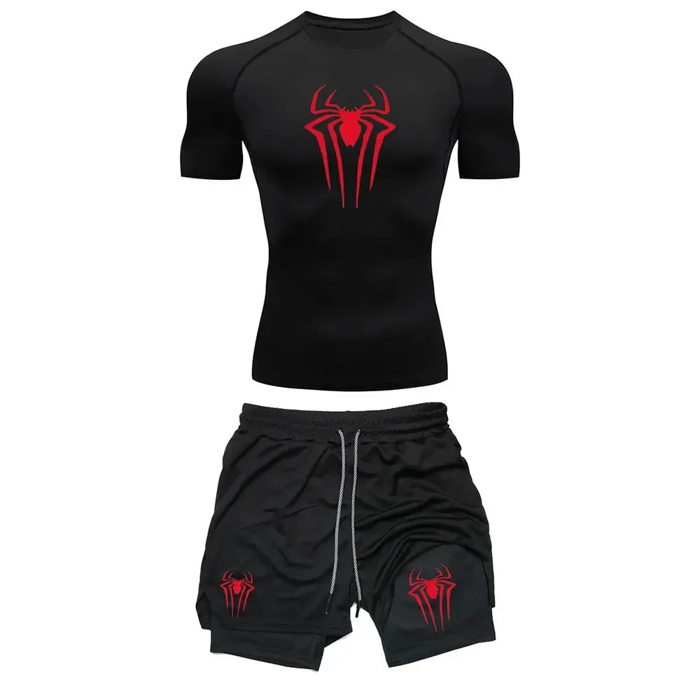 Men's Workout Compression Set Y2K Spider Printed Gym Tshirts