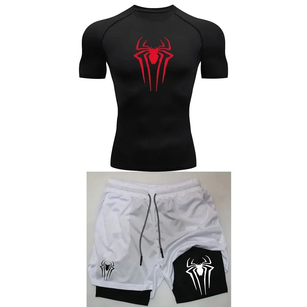 Men's Workout Compression Set Y2K Spider Printed Gym Tshirts