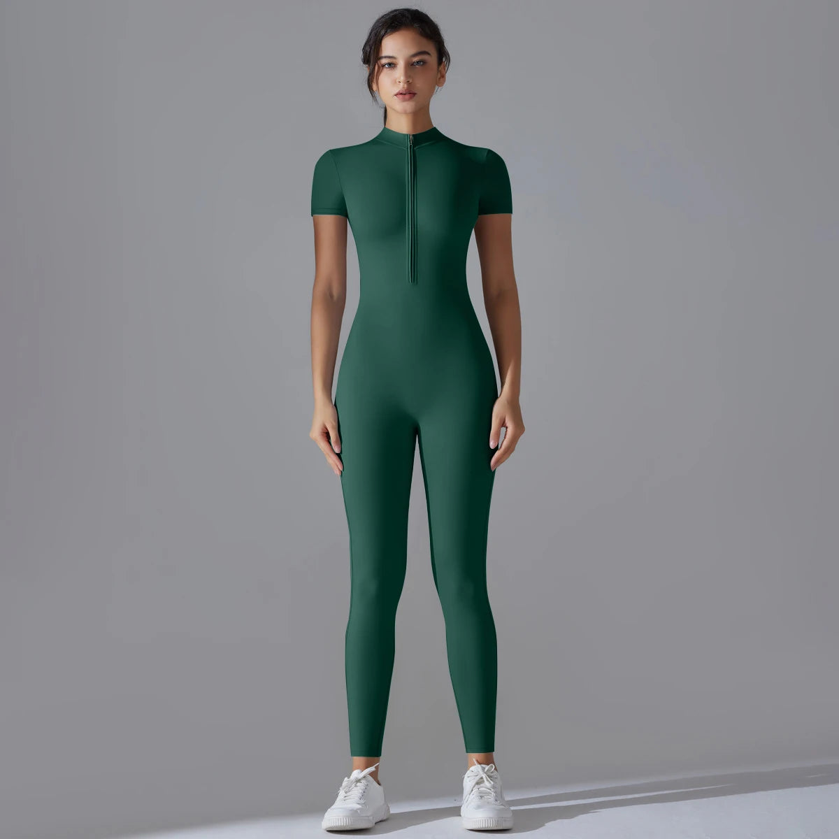 Naked zipper short sleeved yoga suit jumpsuit, quick drying breathable outdoor sports tight fitting jumpsuit, fitness suit