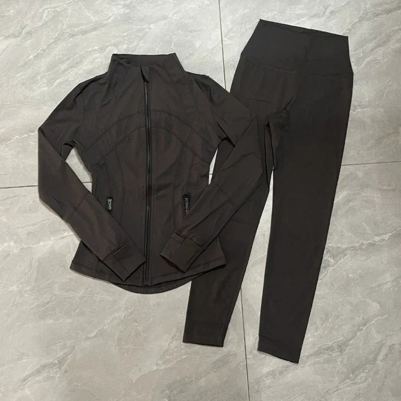 2026 Yoga Suit Set Stand Collar Long Sleeve Jacket Plus Nine-point Pants Yoga Elastic Breathable Running Fitness Suit for Women