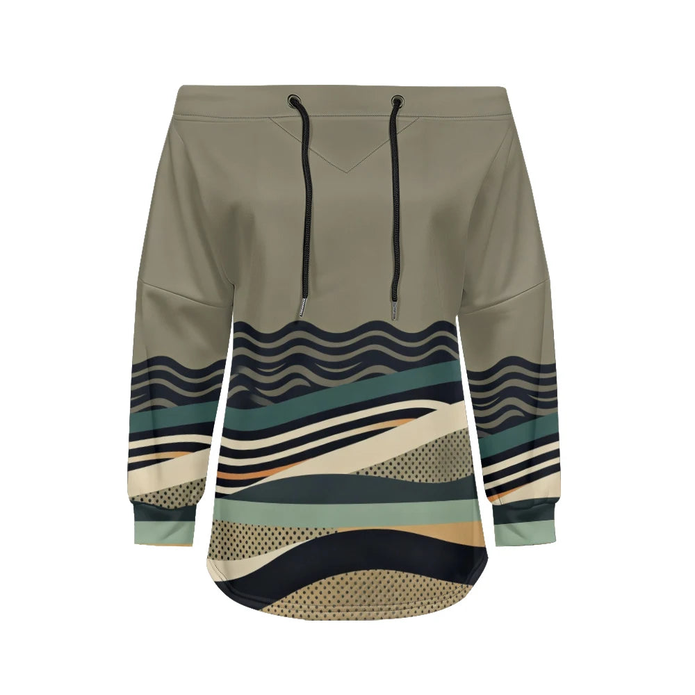 Trendy Off-Shoulder Sweatshirts with Striped & Polka Dot Patterns Drawstring Casual Loose-Fit Top for Women Casual Streetwear