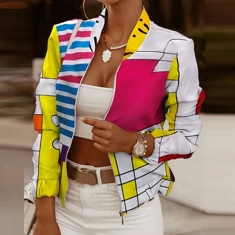 Flower Print Long Sleeve Women's Bomber Jacket