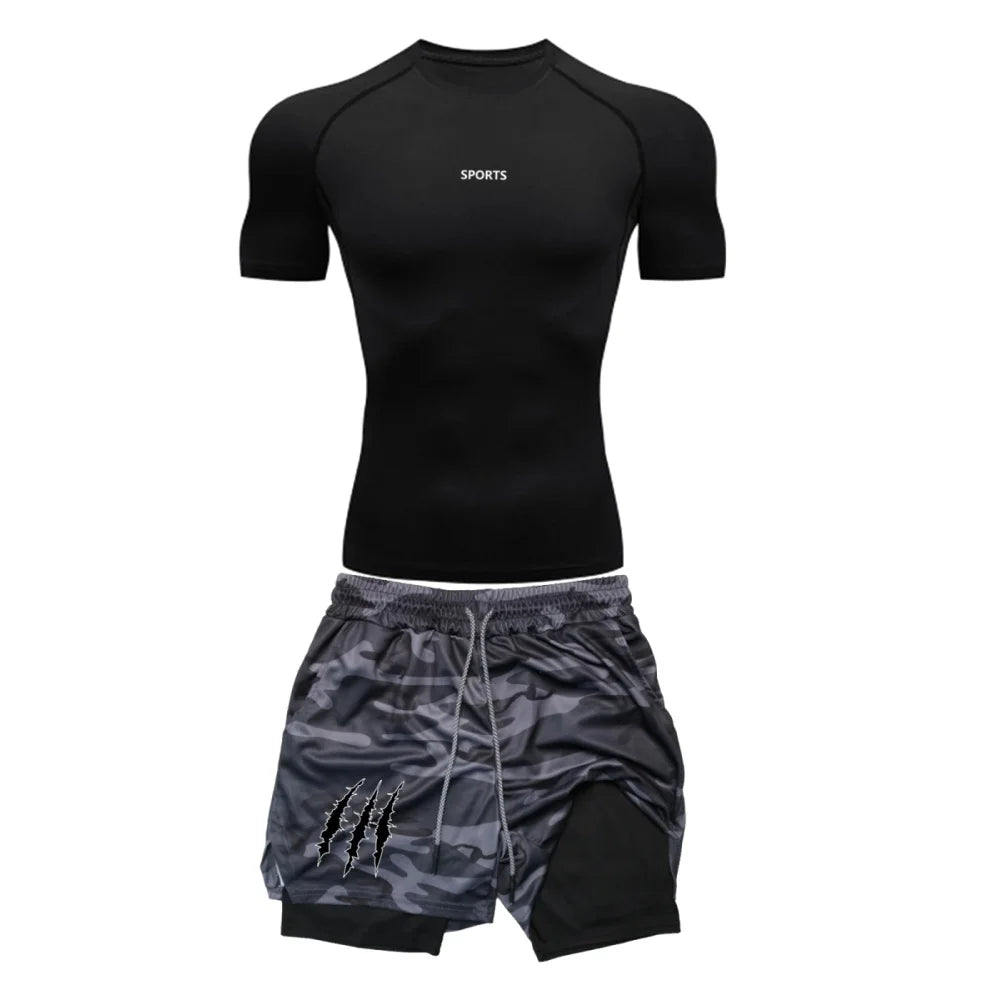 Men Sports Compression Sets Gym Short Sleeve