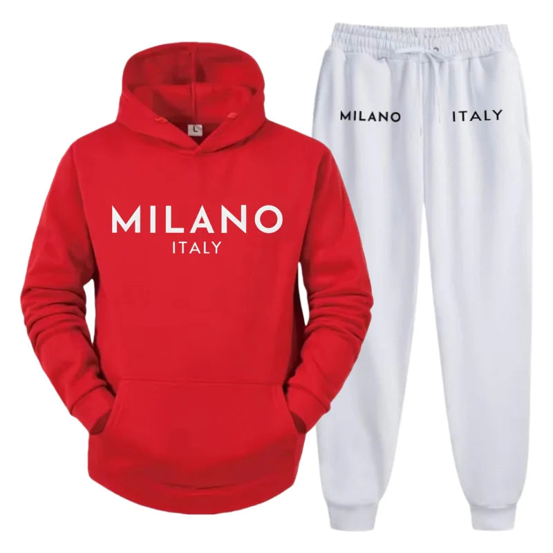 Men's 2025 Y2K Harajuku Streetwear Set – Fleece Hoodie & Slacks with Milano Italy Print, Trendy Casual Two-Piece Suit