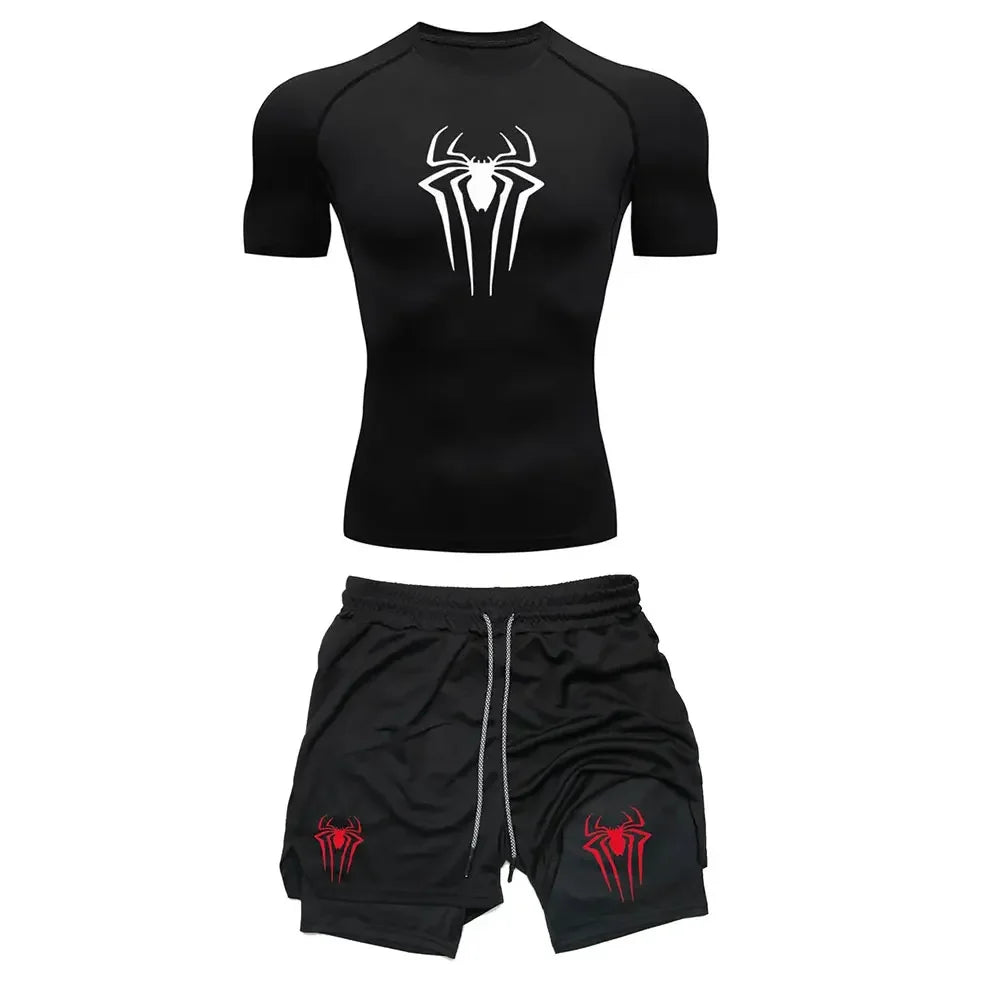 Men's Workout Compression Set Y2K Spider Printed Gym Tshirts