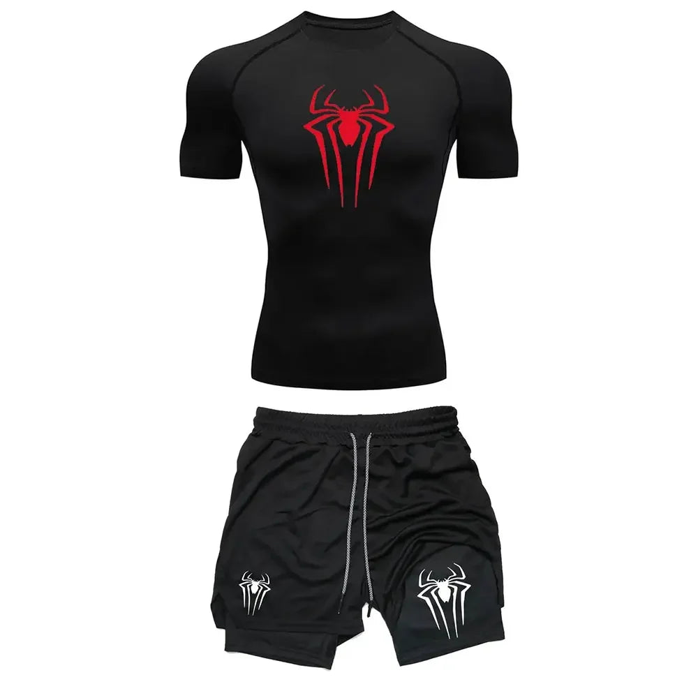 Men's Workout Compression Set Y2K Spider Printed Gym Tshirts