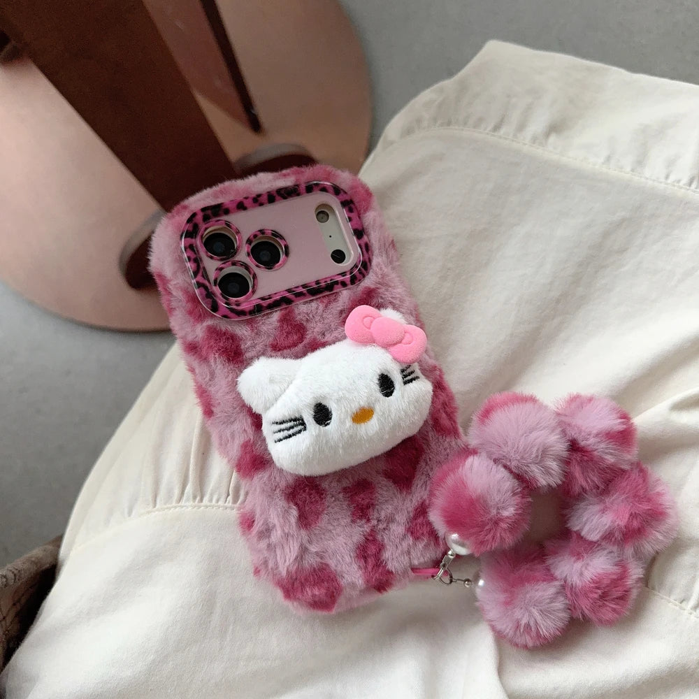 Sanrio Hello Kitty Cute Cartoon Leopard print Furry Warm Winter Plush Phone Case For iPhone 17 16 15 14 13 12 11 Pro Max Cover