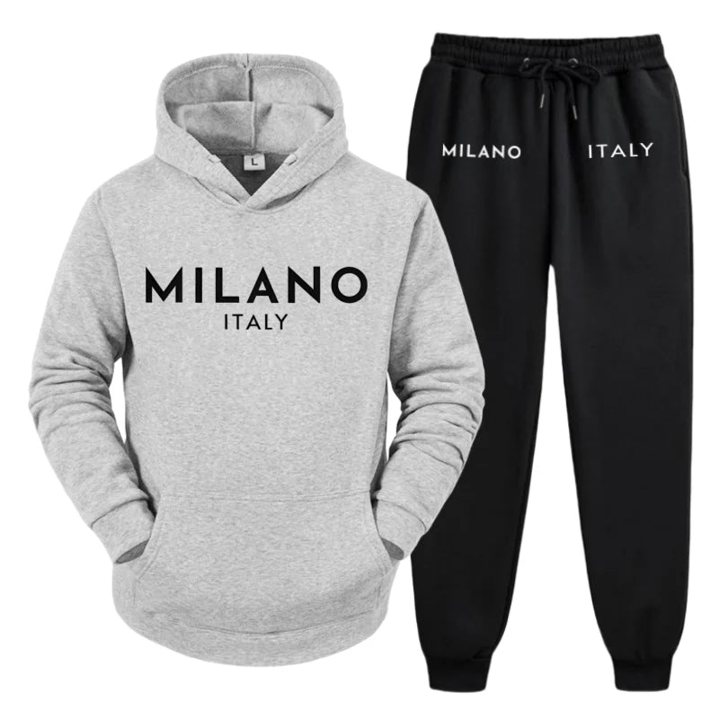 Men's 2025 Y2K Harajuku Streetwear Set – Fleece Hoodie & Slacks with Milano Italy Print, Trendy Casual Two-Piece Suit