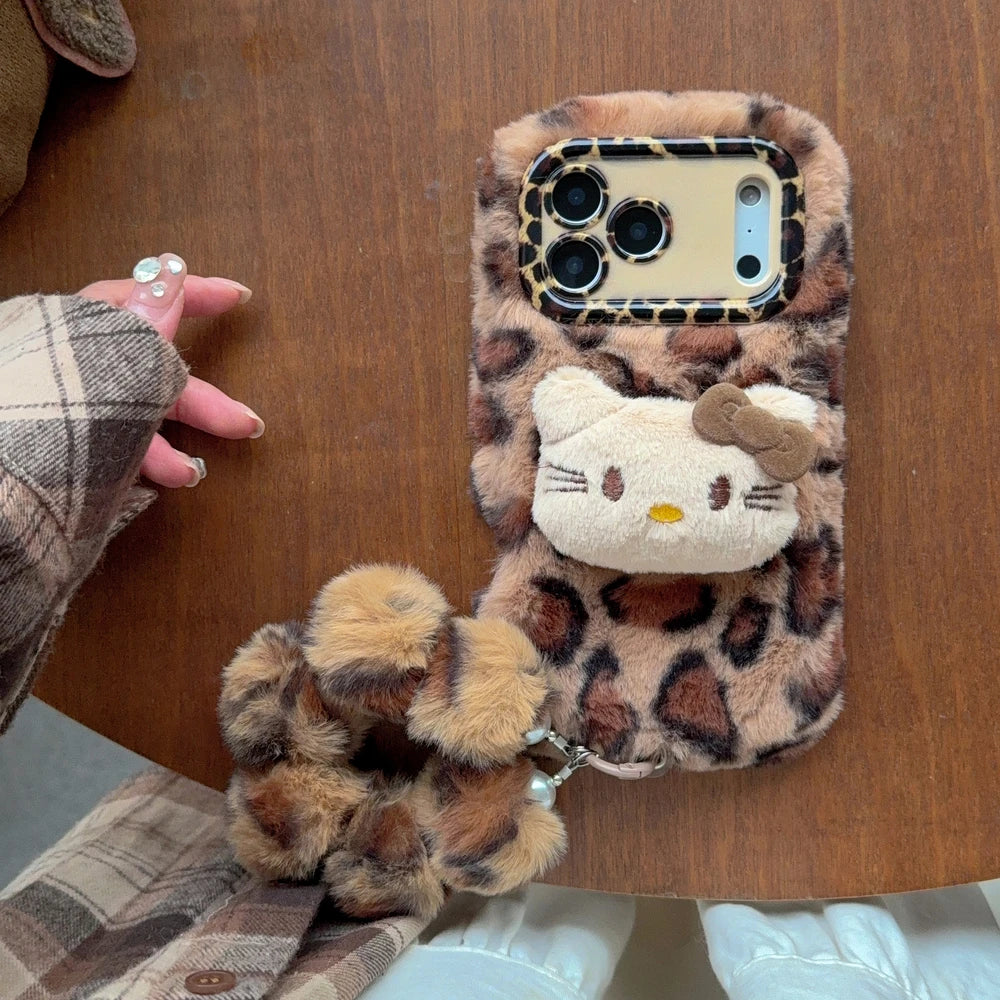 Sanrio Hello Kitty Cute Cartoon Leopard print Furry Warm Winter Plush Phone Case For iPhone 17 16 15 14 13 12 11 Pro Max Cover
