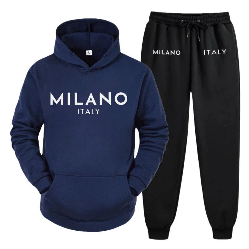 Men's 2025 Y2K Harajuku Streetwear Set – Fleece Hoodie & Slacks with Milano Italy Print, Trendy Casual Two-Piece Suit