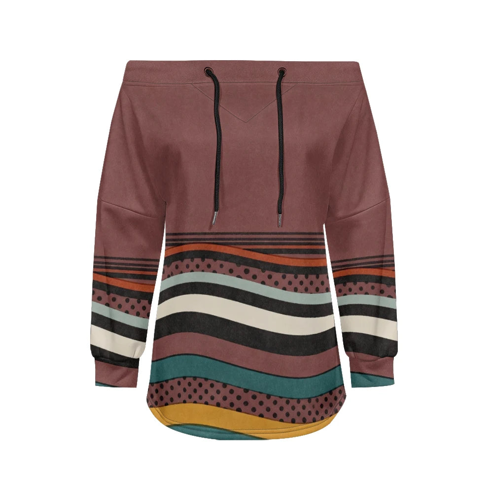 Trendy Off-Shoulder Sweatshirts with Striped & Polka Dot Patterns Drawstring Casual Loose-Fit Top for Women Casual Streetwear