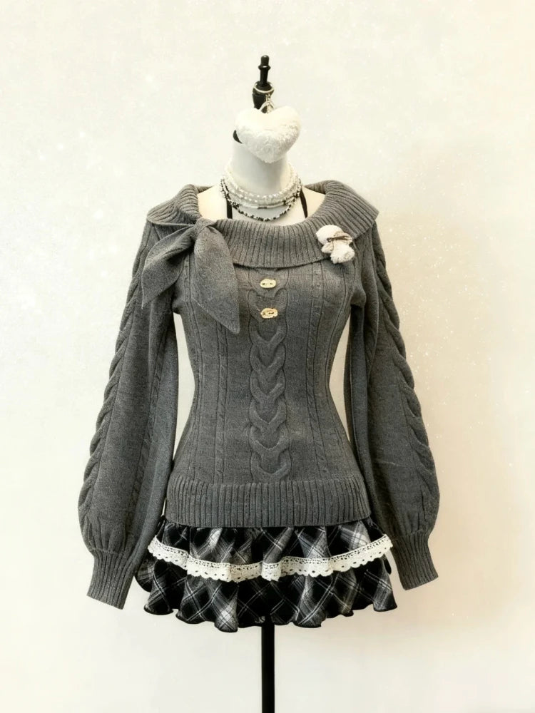 Gray Cute Cat O-neck Knit Elegant Pullover Woman 2024 Winter Design Harajuku Tops Feamale Y2k Long Sleeve Retro Sweaters Mujer