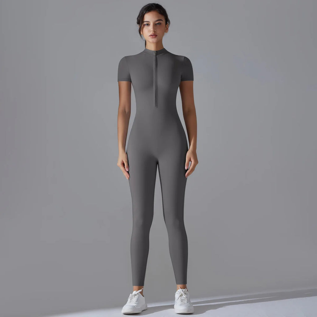 Naked zipper short sleeved yoga suit jumpsuit, quick drying breathable outdoor sports tight fitting jumpsuit, fitness suit