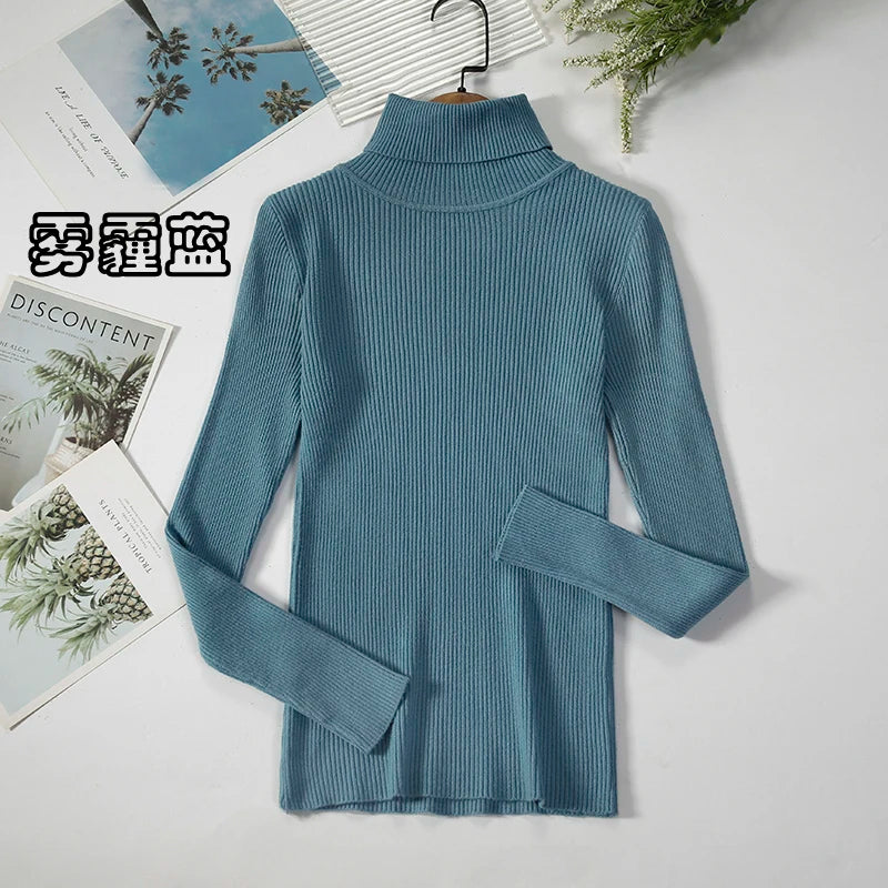 2026 Simple Women Turtleneck Sweater Winter Fashion Pullover Elastic Knit Ladies Jumper Casual Solid Black Female Basic Tops