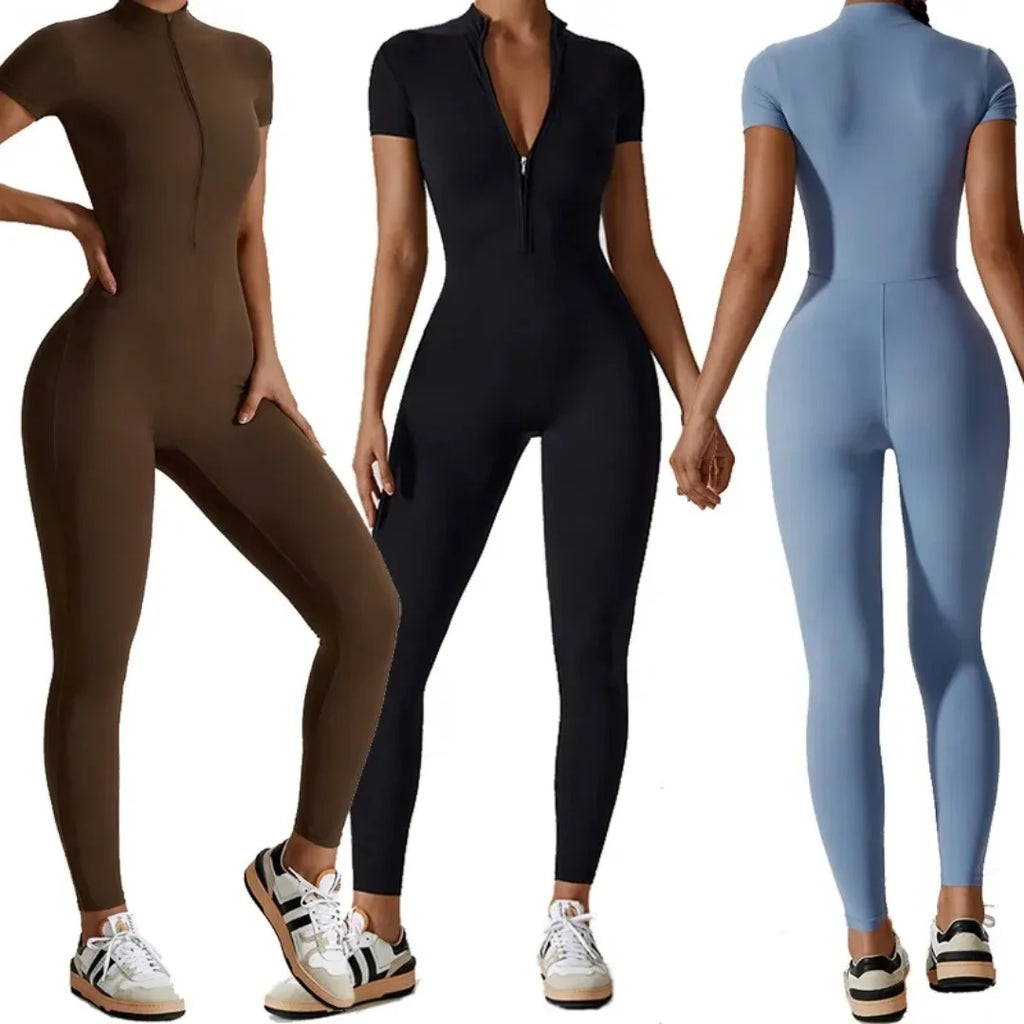 Naked zipper short sleeved yoga suit jumpsuit, quick drying breathable outdoor sports tight fitting jumpsuit, fitness suit