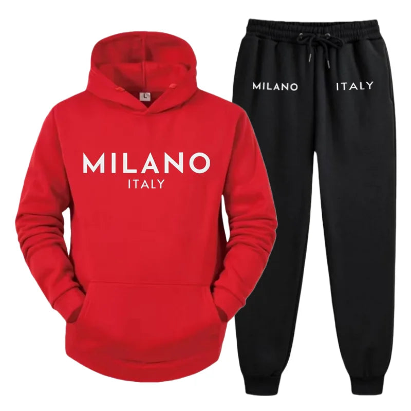 Men's 2025 Y2K Harajuku Streetwear Set – Fleece Hoodie & Slacks with Milano Italy Print, Trendy Casual Two-Piece Suit