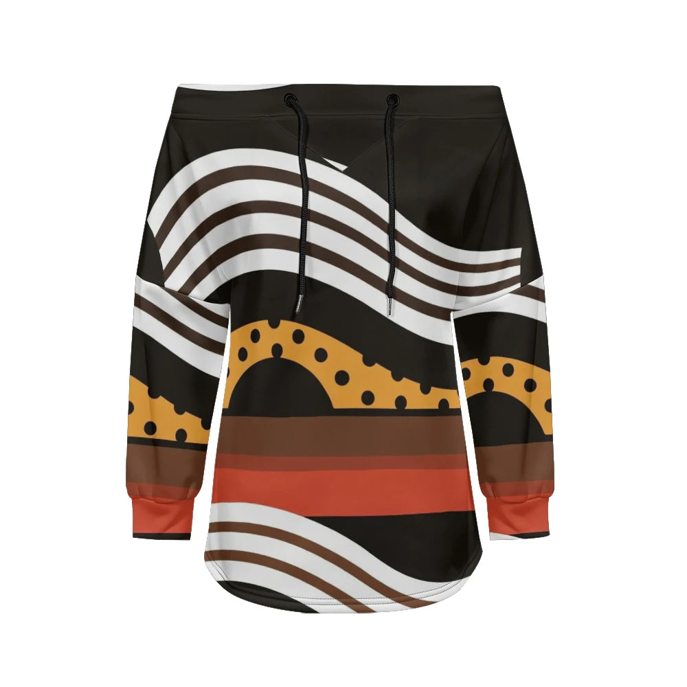 Trendy Off-Shoulder Sweatshirts with Striped & Polka Dot Patterns Drawstring Casual Loose-Fit Top for Women Casual Streetwear