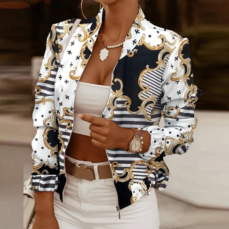 Flower Print Long Sleeve Women's Bomber Jacket