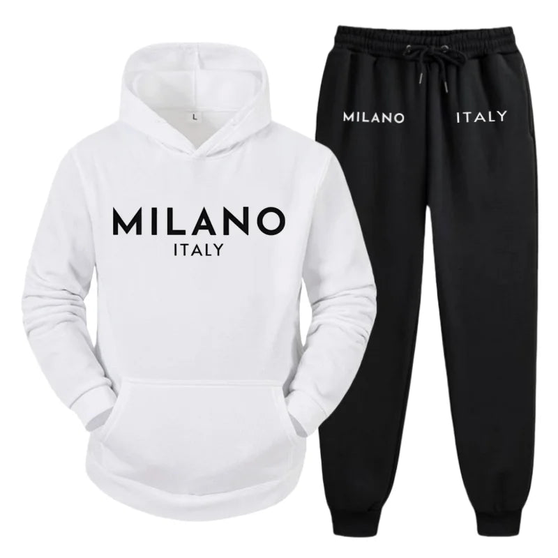 Men's 2025 Y2K Harajuku Streetwear Set – Fleece Hoodie & Slacks with Milano Italy Print, Trendy Casual Two-Piece Suit