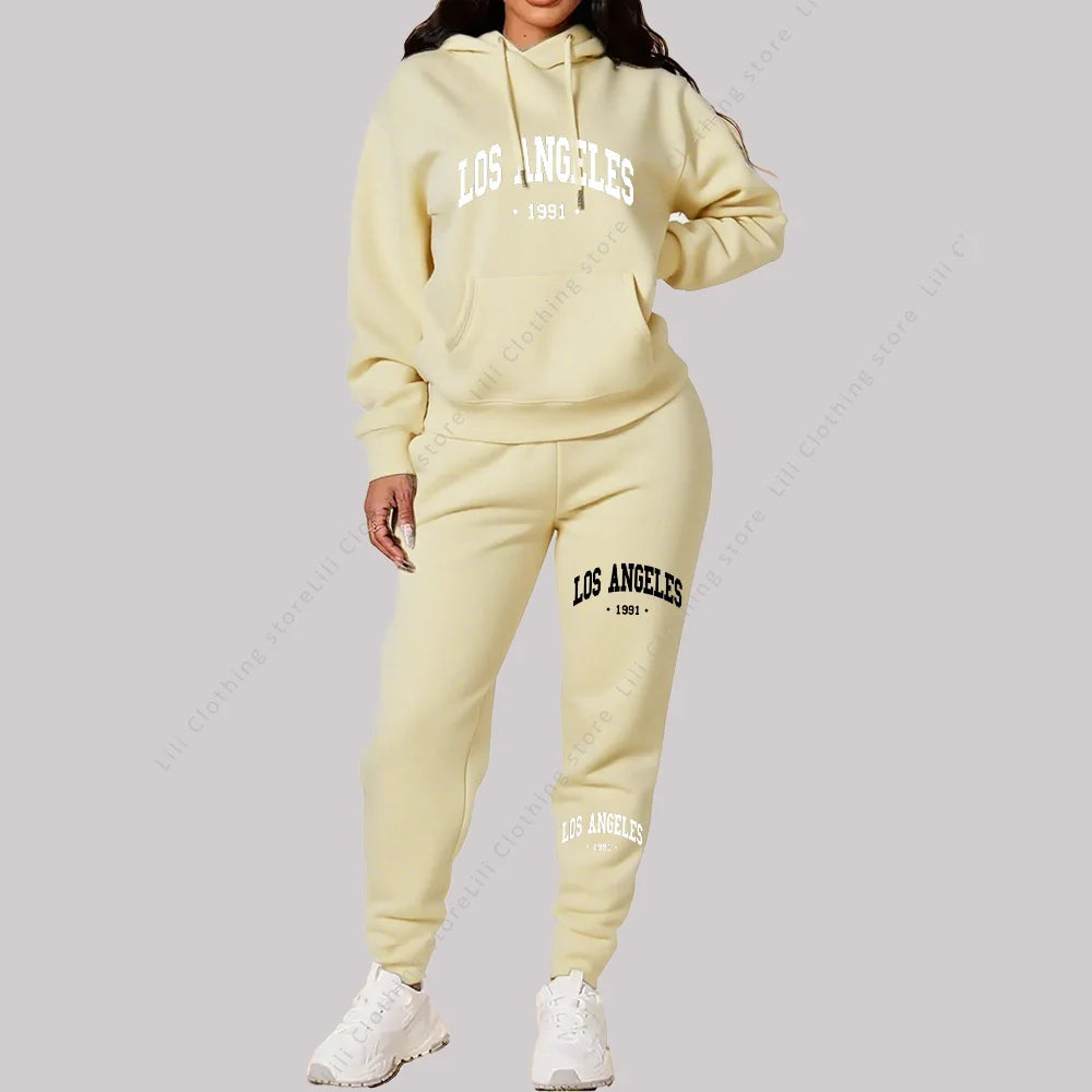 Women Sets Hoodies Pants 2 Piece Outfits Aesthetic Sportswear Sweatsuit Los Angeles Letter Print Suit Ladies Tracksuit Plus Size