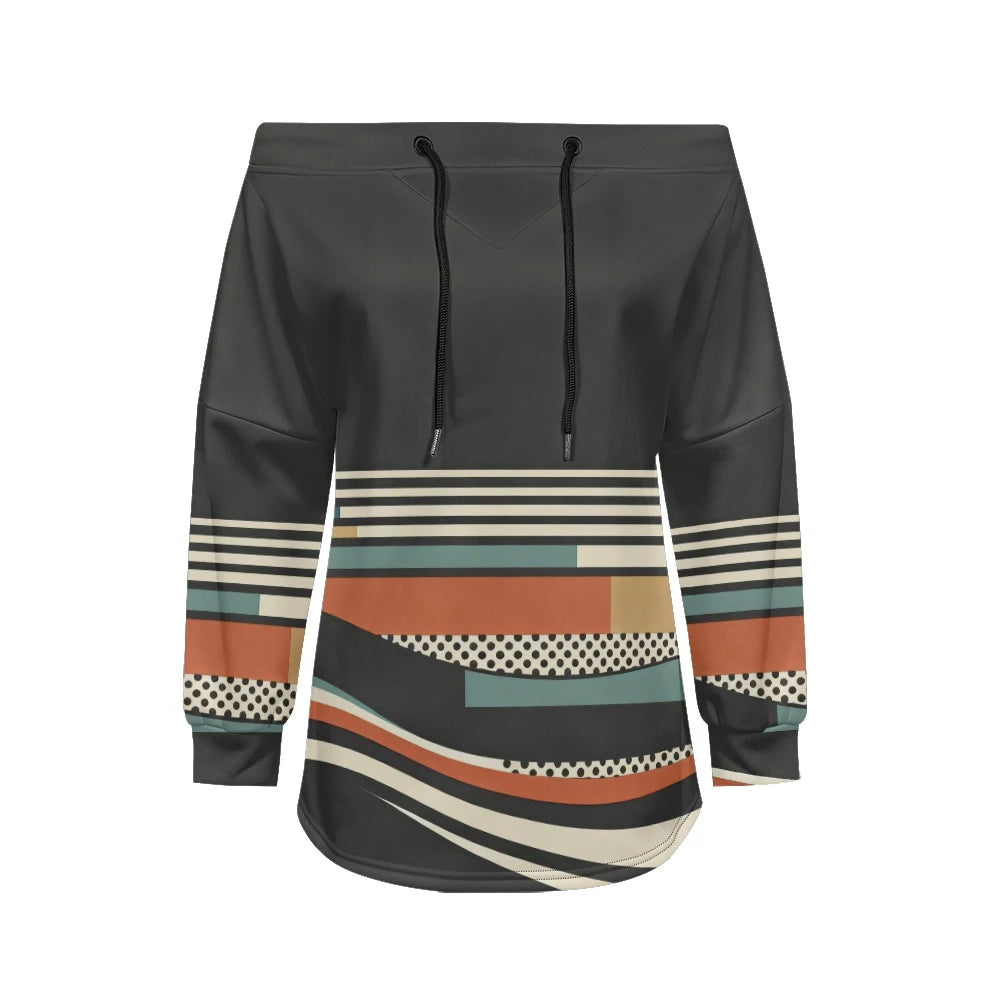 Trendy Off-Shoulder Sweatshirts with Striped & Polka Dot Patterns Drawstring Casual Loose-Fit Top for Women Casual Streetwear