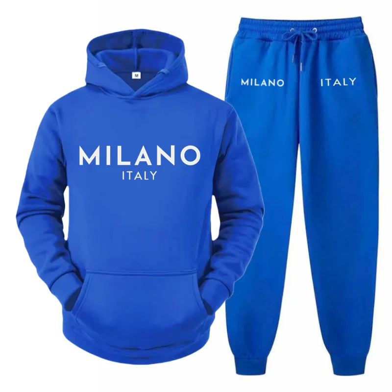 Men's 2025 Y2K Harajuku Streetwear Set – Fleece Hoodie & Slacks with Milano Italy Print, Trendy Casual Two-Piece Suit