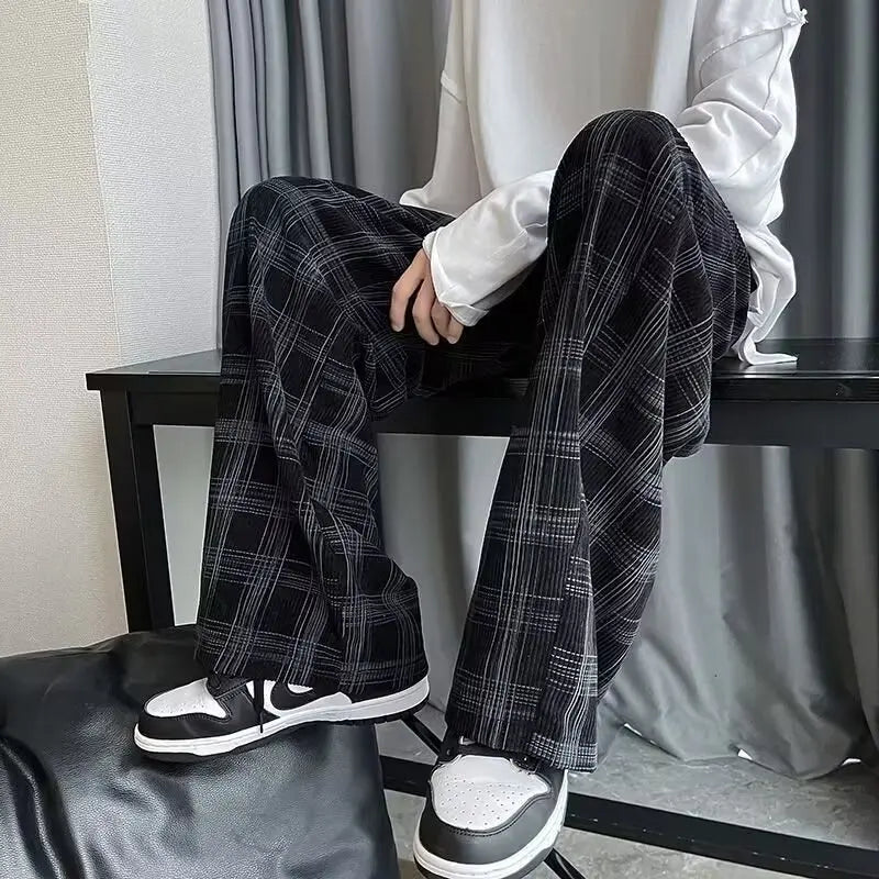 Checkered pants men's spring and autumn plus fat plus plus size trendy loose Korean version versatile wide leg casual pants spor