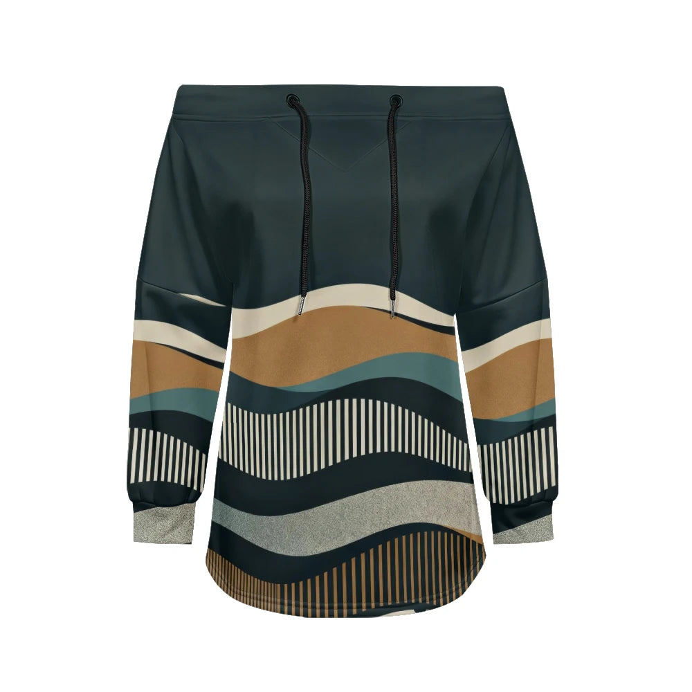 Trendy Off-Shoulder Sweatshirts with Striped & Polka Dot Patterns Drawstring Casual Loose-Fit Top for Women Casual Streetwear