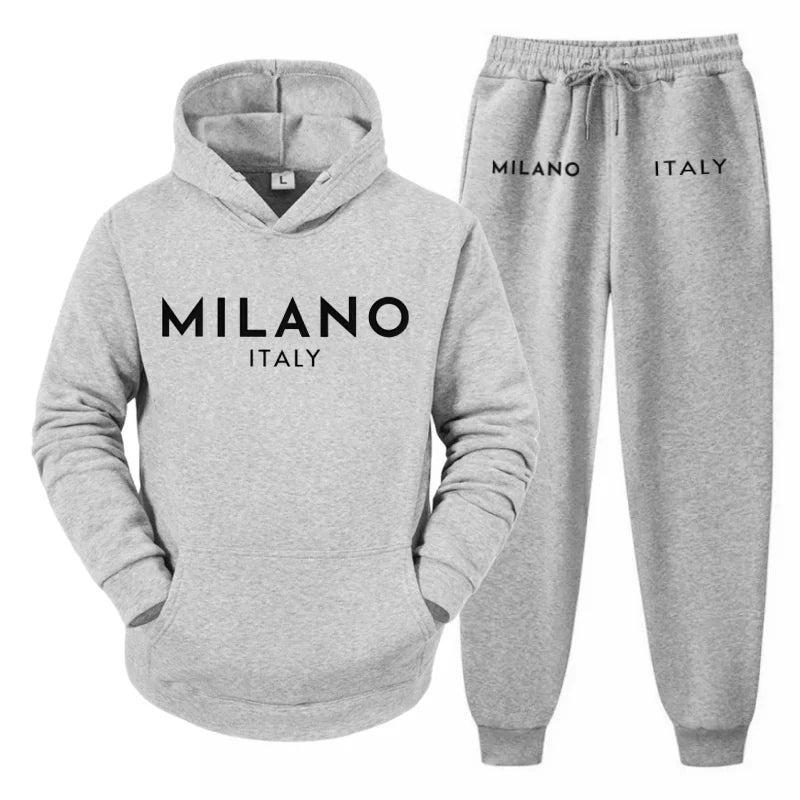 Men's 2025 Y2K Harajuku Streetwear Set – Fleece Hoodie & Slacks with Milano Italy Print, Trendy Casual Two-Piece Suit
