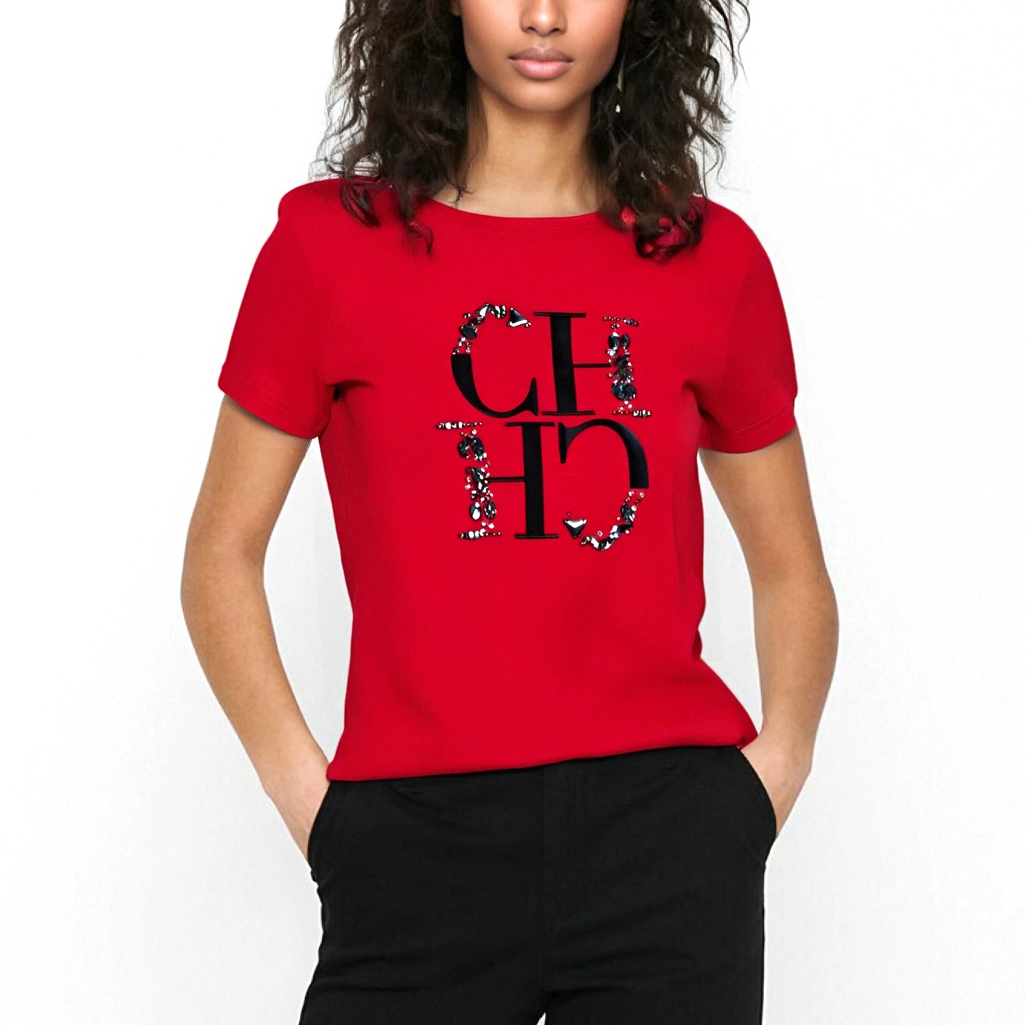 CHCH Women's T-shirt 2025 New Hand Embroidered Heavy Industry Casual Top Simple Round Neck Short Sleeve Women's Clothing