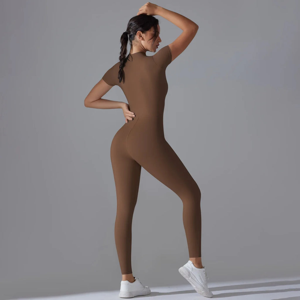 Naked zipper short sleeved yoga suit jumpsuit, quick drying breathable outdoor sports tight fitting jumpsuit, fitness suit