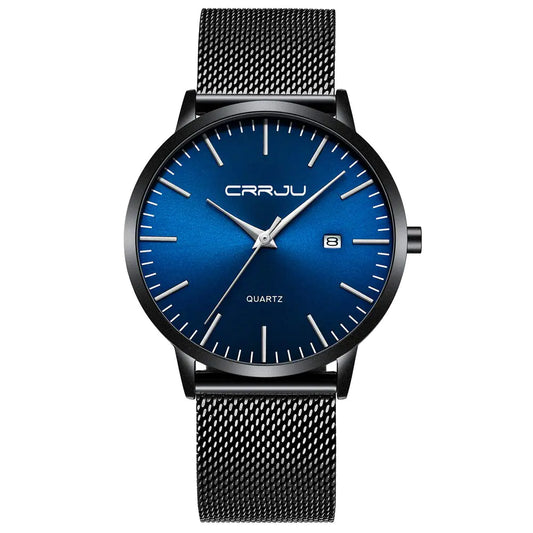 CRRJU Watches for Men Stainless Steel Watches Casual Waterproof Quartz Wrist Watch Men Unique Auto Date Window Black Blue Watches